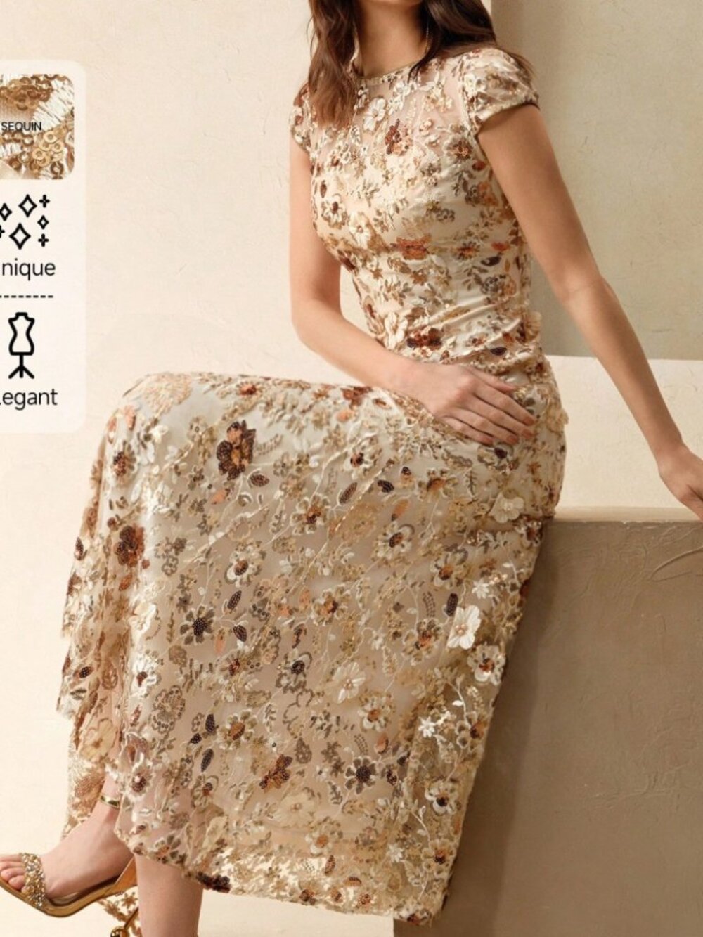 Cream Floral Embroidery Long Dress, Cap Sleeve